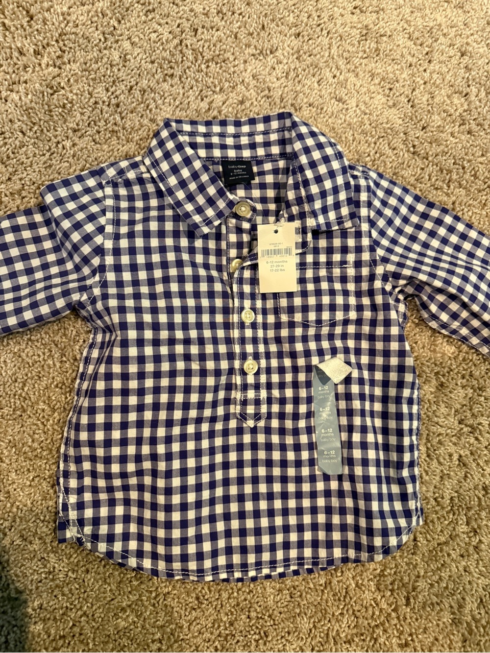Baby Gap Boys' Blue Gingham Button-Up Shirt NWT 6-12 months